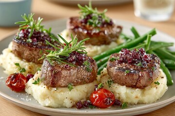 Deliciosos filetes con pur&eacute; de papas y guarnici&oacute;n fresca en un ambiente rom&aacute;ntico