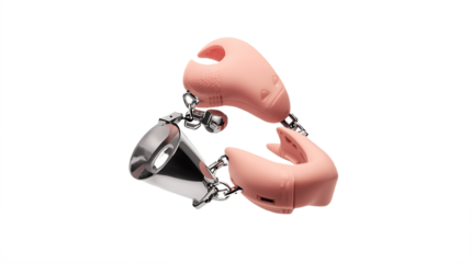 Close up of a realistic prosthetic nose and ear attached to metal clips isolated on transparent background