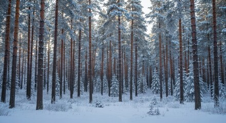 Snowy pine forest at dawn. Tall, slender pine trees, covered in a thick layer of snow, stand in a dense, even-spaced formation.  The ground is blanketed in white snow. 