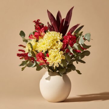 Vibrant floral bouquet with yellow mums, red alstroemeria, eucalyptus.