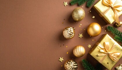 Christmas Flat Lay with Golden Ornaments and Gifts on Brown Background