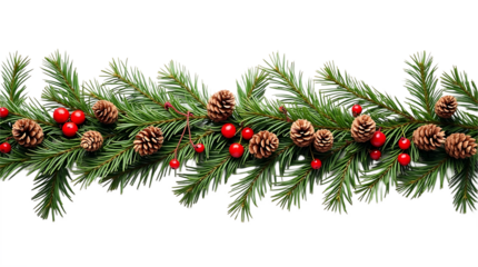 Festive christmas garland with pine cones and red berries isolated on transparent background