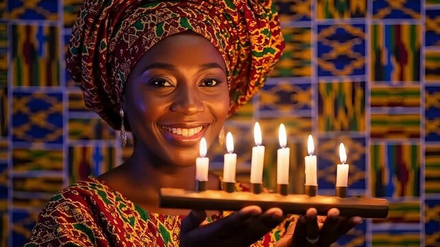 Radiant woman celebrating Kwanzaa with vibrant candles and traditional African attire, conveying warmth and cultural heritage beautifully