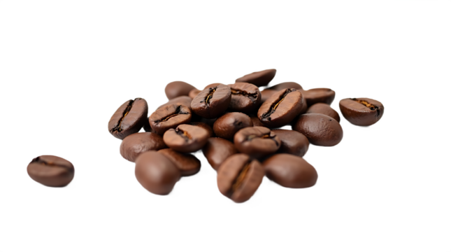 Heap of roasted coffee beans isolated on transparent background for culinary and beverage concepts