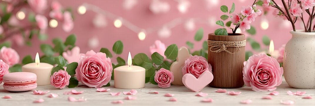 Decoraci&oacute;n rom&aacute;ntica para el d&iacute;a de San Valent&iacute;n con flores y velas en un fondo rosa suave