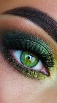 Close-up macro shot of green eye makeup in shades of deep green, with detailed skin texture and defined eyelashes 
