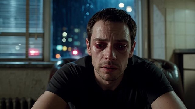 Distressed man with bruised eye looking out window