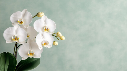 Obraz premium Minimalist composition of delicate white orchids blossoming amidst lush green leaves, clean background and subtle gradients, palette of matte cream, pastel aqua, and vivid emerald, floral design, AI