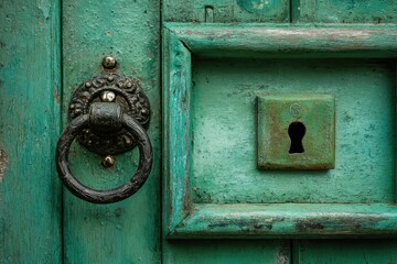 Close-up of a weathered green door with ornate hardware and keyhole, revealing texture
