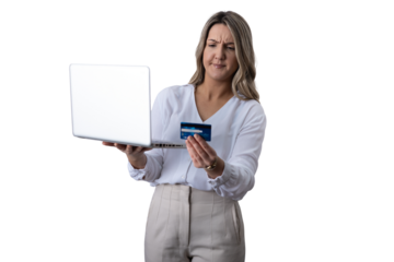 Woman experiencing confusion while online shopping with credit card