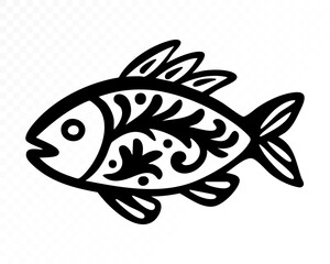 Ornamental folk-style fish with floral paper-cut motifs, decorative swirling silhouette accents and traditional botanical cut-out details perfect for creative aquatic-themed artwork. Vector