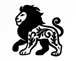 Folk floral ornamental lion with swirling paper-cut silhouette patterns, bold botanical accents and elegant traditional cut-out styling perfect for expressive creative artwork. Vector illustration.