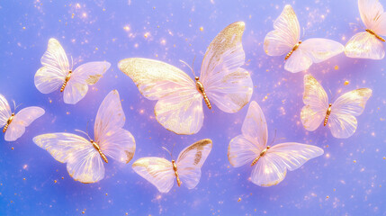 Stylized illustration of a swarm of pink and gold butterflies soaring against a purple backdrop, ornate linework and watercolor shading, palette of pastel rose, muted crimson, decorative artwork, AI 