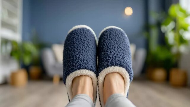 Close up of a woman's feet in soft blue slippers. She is relaxing in her snug living room, savoring a tranquil and laid back weekend morning