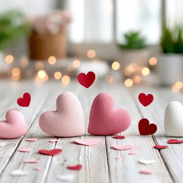 Decoraci&oacute;n de San Valent&iacute;n con corazones en tonos suaves sobre una mesa