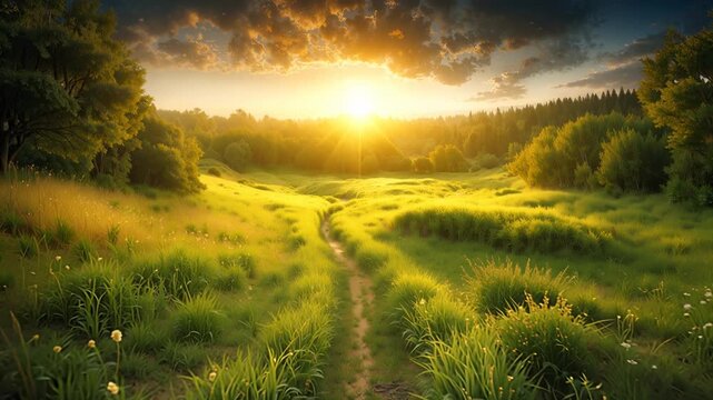 Dirt path cutting through wildflower meadow at golden hour. Coniferous forest edges frame the valley with dramatic sky overhead. Tilting and panning camera movement.