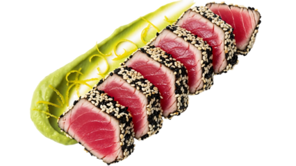 Seared ahi tuna slices with sesame crust and avocado cream isolated on transparent background