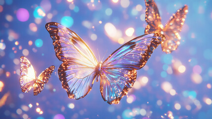 Surreal depiction of pink and gold butterflies glowing as they soar across a mystical purple background, ethereal gradients and luminous particles, palette of spectral violet, dreamcore fantasy design
