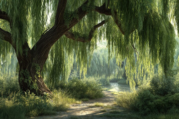 Tranquil willow tree by serene river in lush sunlit forest