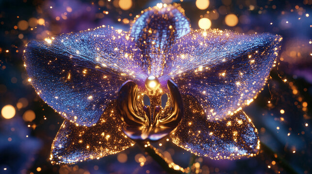 Surreal depiction of a fantasy orchid infused with glowing gold and mystical magical energy, ethereal gradients and luminous particles, palette of spectral violet, radiant emerald and shimmering pearl