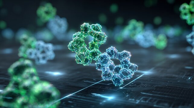 Visualization of quantum computing accelerating drug discovery glowing holographic molecular structure protein folding simulation floating above server grid clean medical blue green color palette