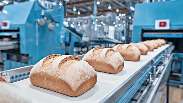 Detailed shot of warm, just baked bread being processed on a manufacturing line. Advanced machinery used in bakery production can be seen in the distance
