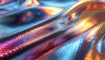 Abstract Draped Metallic Fabric With Subtle Orange Blue And Pink Highlights Reflecting Light In A Smooth Flowing Motion