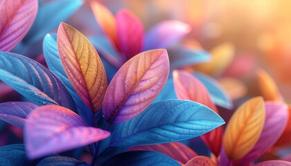 Vibrant Leaves In Purple Blue Pink And Gold Hues With Soft Bokeh Background And Golden Hour Lighting