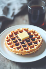 Crispy Homemade Waffle with Syrup and Butter: A Delicious Morning Snack Closeup