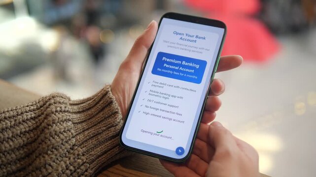 Closeup shot of a womans hands in a shopping mall seamlessly opening a new bank account through her mobile device. The complete process from reviewing account terms to receiving instant confirmation