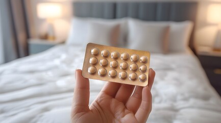 Woman&rsquo;s hand with melatonin capsule before bedtime, illustrating sleep aid, wellness, and pharmaceutical treatment in a cozy bedroom scene