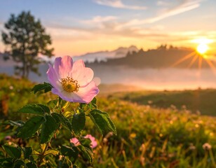 Pink Wild Rose Blossom at Sunrise in a Misty Landscape, a Captivating Morning Scene