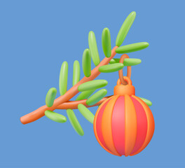 3D Christmas bauble on pine branch