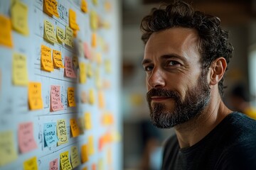 Daily stand-up meeting in an agile workflow, a dynamic office discussion on backlog, user stories, and success.