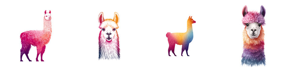 Obraz premium Vibrant Llama Portrait Set: Watercolor Illustration on White