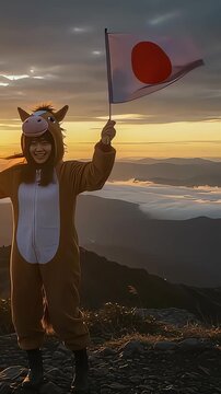 山頂で馬の着ぐるみと日の丸を掲げる女性。2026年午年の年賀動画素材（縦型動画）