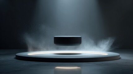 Sleek device hovers elegantly above illuminated platform in dark setting.