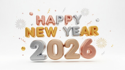 Fototapeta premium Happy New Year 2026 balloon letters a festive 3D rendering with confetti and metallic accents perfect for holiday greetings