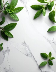 Fresh Green Mint Leaves on White Marble Texture with Sparkling Accents