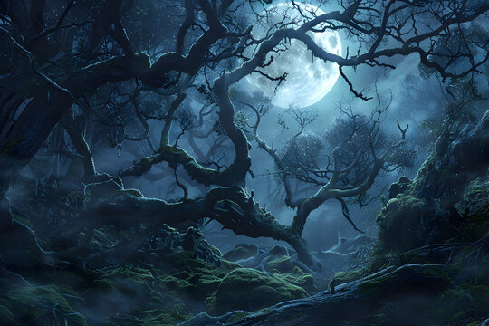 Mysterious enchanted forest with twisted branches under a full moon