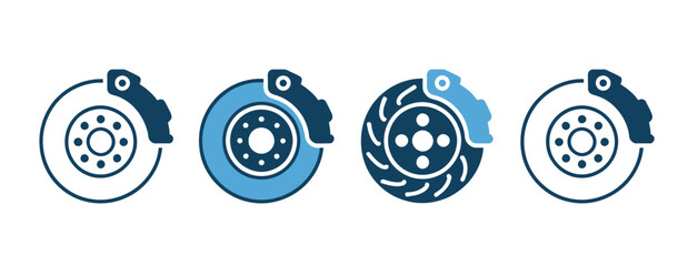 Fototapeta premium A set of four stylized icons representing car brake discs and calipers on a white background.