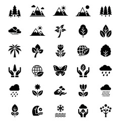 Fototapeta premium Collection of nature and environment related icons including trees mountains clouds sun rain butterfly flowers and planet earth symbols