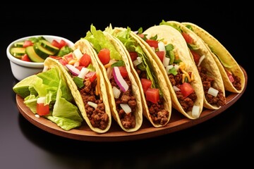 A delicious platter of tacos filled with seasoned meat, fresh vegetables, and served with a side of salsa and garnishes, perfect for a flavorful meal.