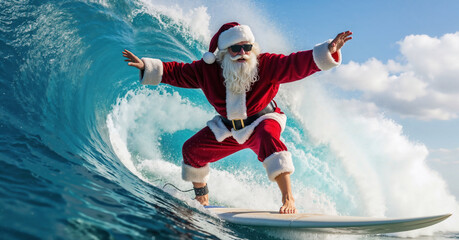 Dressed in red Santa Claus surfer suit excited senior bearded man on surfboard riding giant wave barefoot in tropical ocean wearing sunglasses. Blue sky, white clouds. Christmas, New Year's Eve