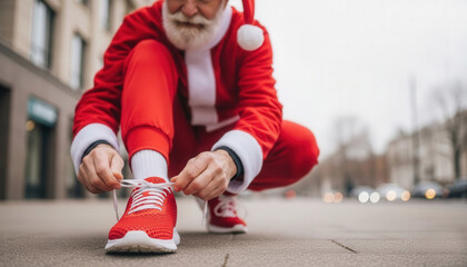 Senior jogger dressed as Santa Claus tying shoelaces on red running shoes. Getting ready for festive Santa run, city race preparation. Copy space