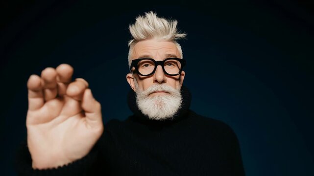 Serious senior man with a white beard and glasses showing a stop gesture. Displeased older gentleman with his hand extended in refusal