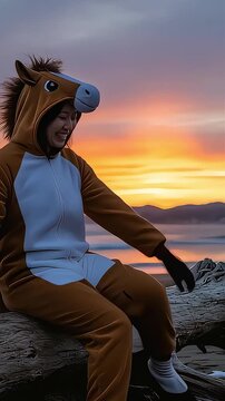 初日の出をバックにビーチで馬の着ぐるみで佇む女性。2026年午年の年賀動画素材（縦型動画）