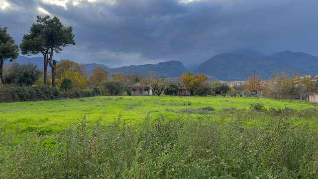Mountainous landscape with lush green field and overcast sky