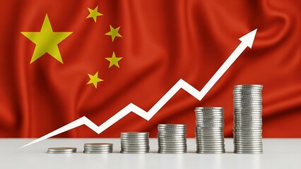 China's economy is growing rapidly, with upward trending stacks of coins and a bold arrow representing financial success in the global market today