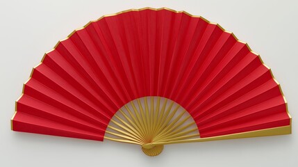 Colorful red folding fan with golden accents displayed against a white background